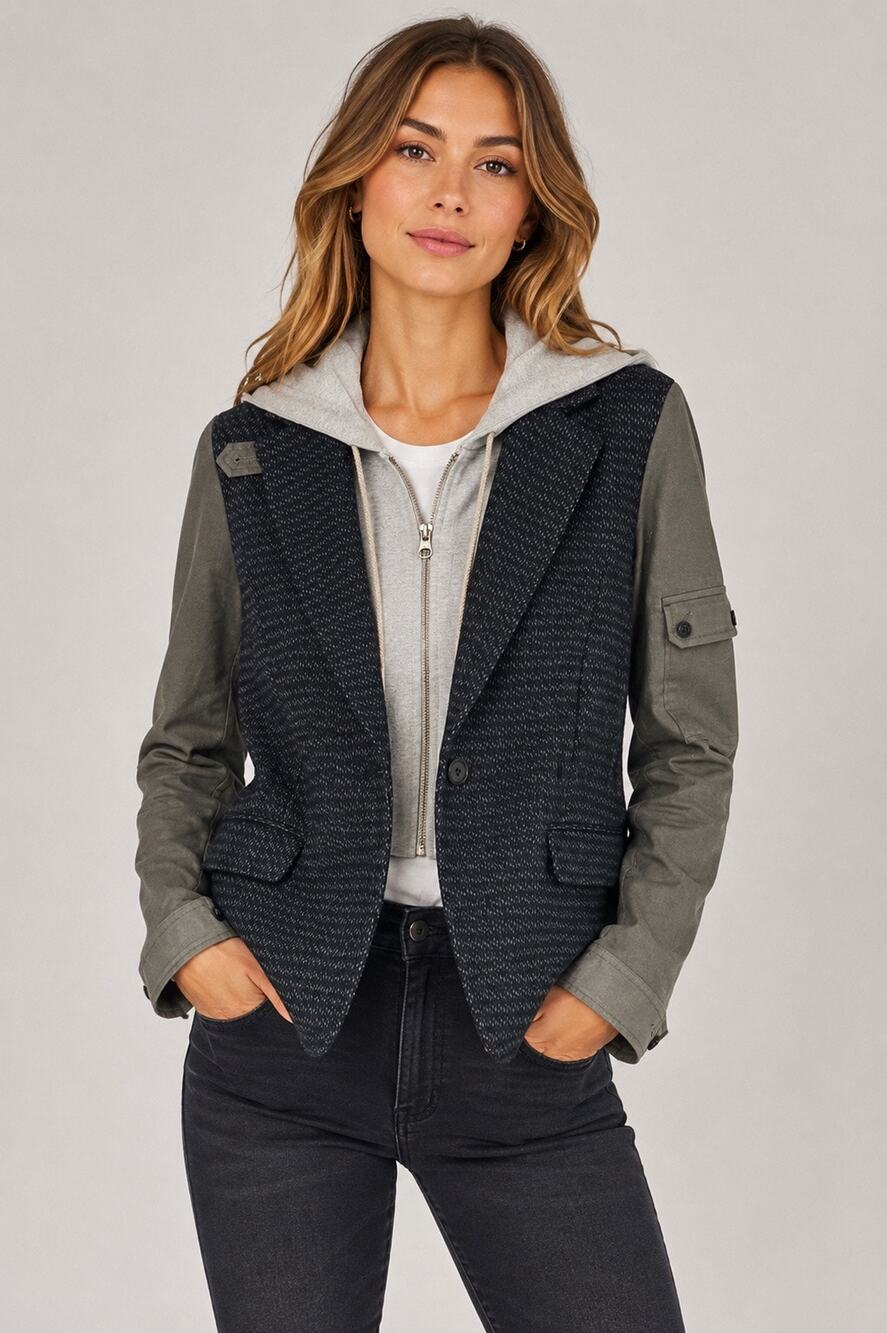 Veronica Beard Mixed Media Wool Tweed Hooded Dickey Jacket Blazer